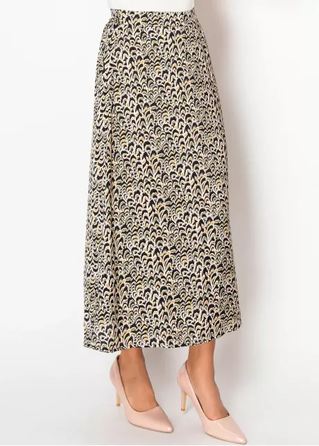 Golden Feather Print Midi Skirt
