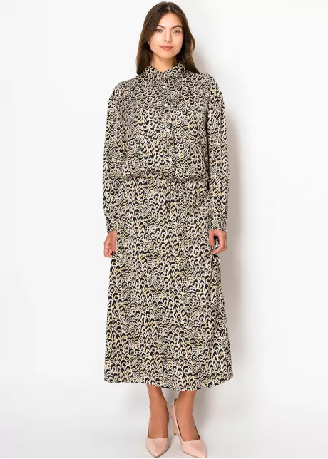 Golden Feather Print Midi Skirt