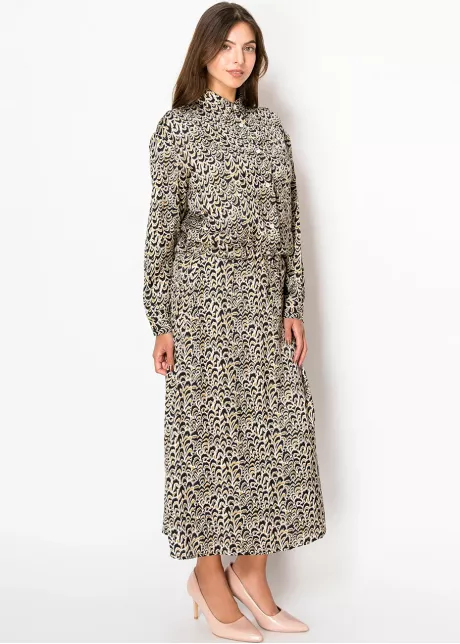 Golden Feather Print Midi Skirt