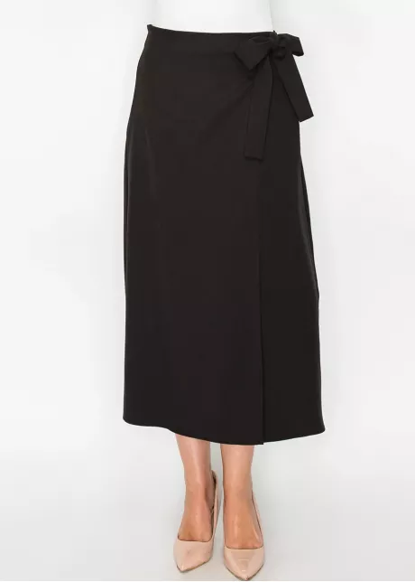 Black Wrap Midi Skirt with Tie Waist