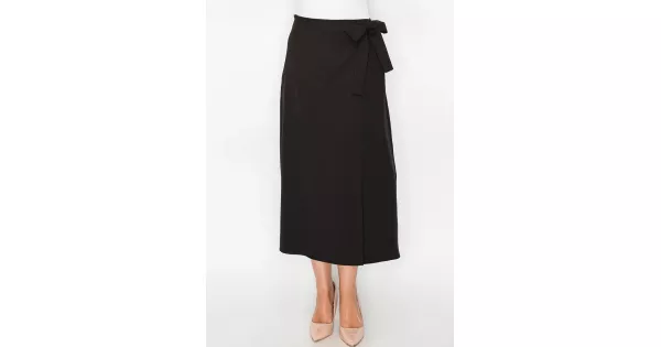 Black Wrap Midi Skirt with Tie Waist | Modest Women Clothing