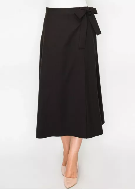 Black Wrap Midi Skirt with Tie Waist