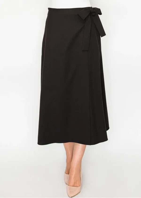 Black Wrap Midi Skirt with Tie Waist