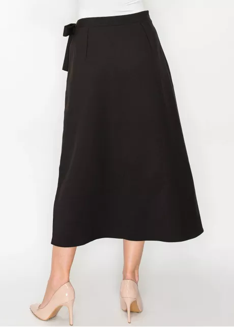 Black Wrap Midi Skirt with Tie Waist