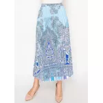 Blue Paisley Pleated Midi Skirt