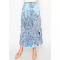 Blue Paisley Pleated Midi Skirt