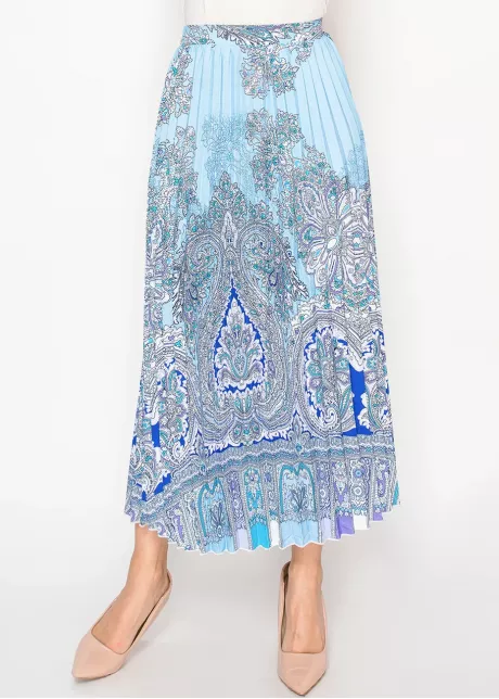 Blue Paisley Pleated Midi Skirt
