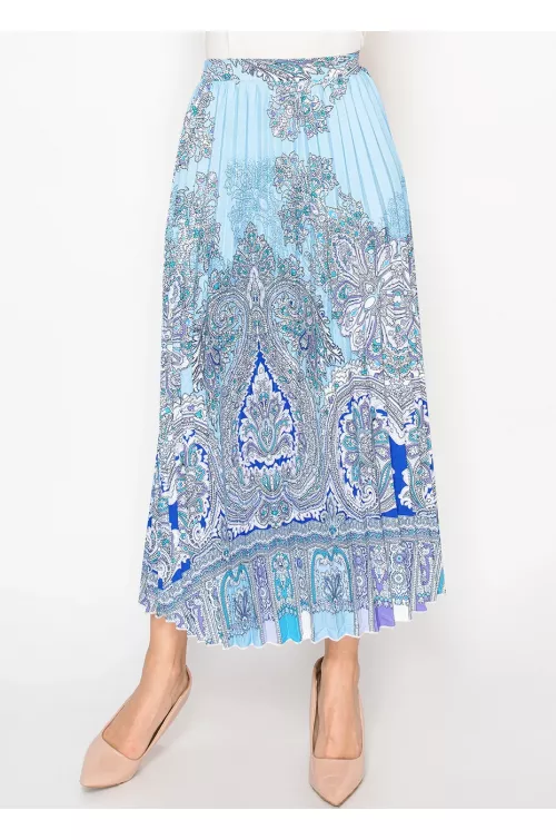 Blue Paisley Pleated Midi Skirt