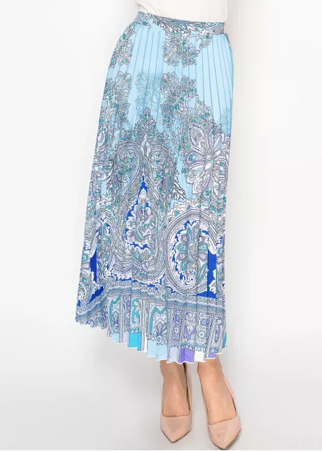 Blue Paisley Pleated Midi Skirt