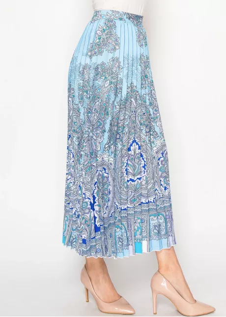 Blue Paisley Pleated Midi Skirt
