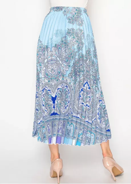 Blue Paisley Pleated Midi Skirt