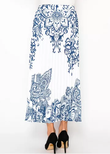White Pleated Skirt with Porcelain Blue Print | Modest Women