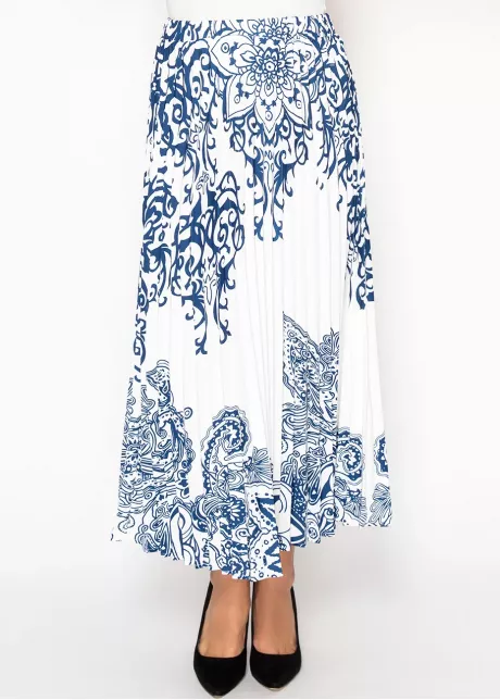 White Pleated Skirt with Porcelain Blue Print