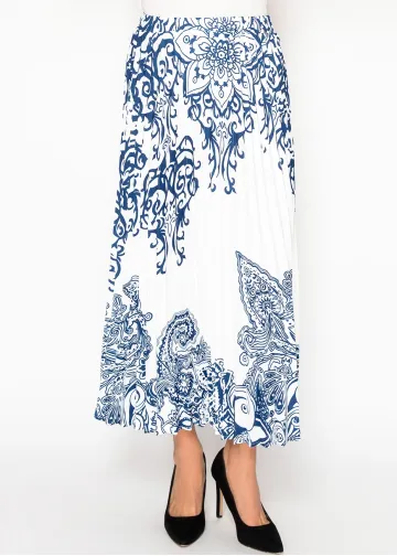 White Pleated Skirt with Porcelain Blue Print