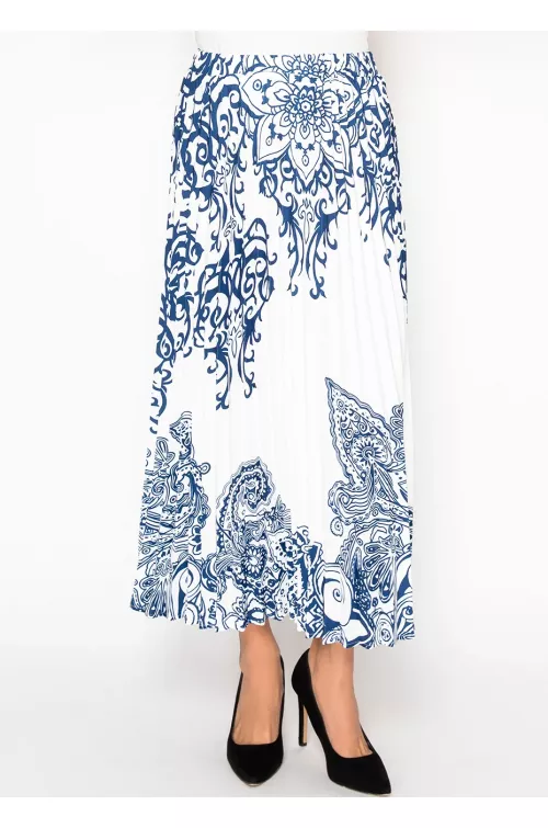 White Pleated Skirt with Porcelain Blue Print