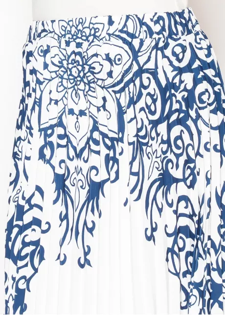 White Pleated Skirt with Porcelain Blue Print