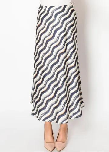 Navy Wave Print A-Line Midi Skirt