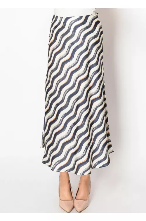 Navy Wave Print A-Line Midi Skirt