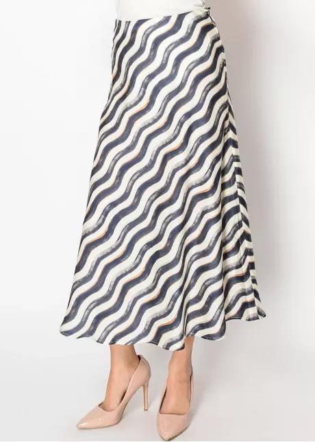 Navy Wave Print A-Line Midi Skirt