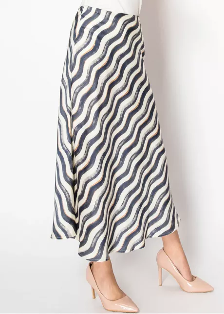 Navy Wave Print A-Line Midi Skirt