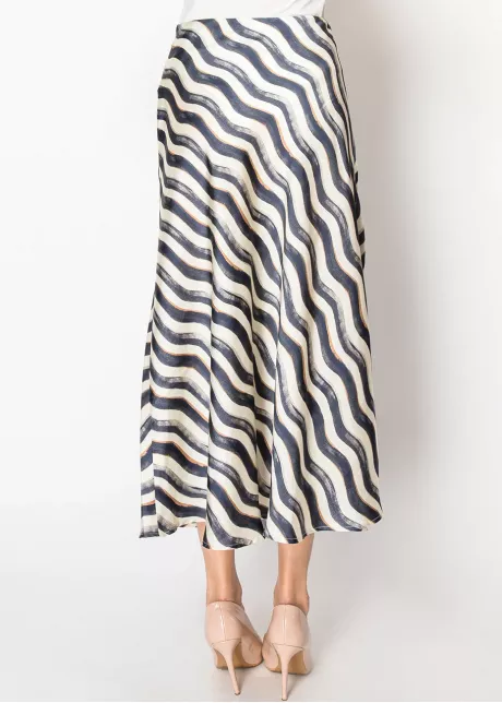 Navy Wave Print A-Line Midi Skirt