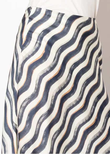 Navy Wave Print A-Line Midi Skirt
