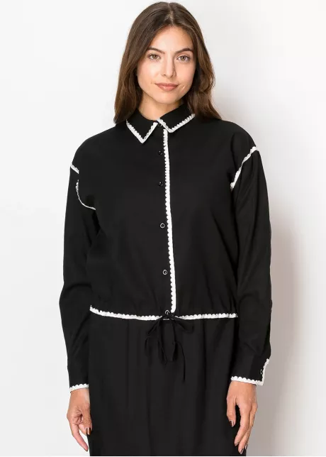 Black Linen Blouse with White Trim
