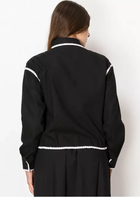 Black Linen Blouse with White Trim