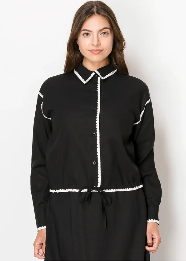 Black Linen Blouse with White Trim