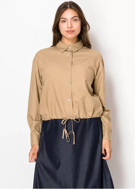 Classic Camel Linen Blouse with Tie Hem