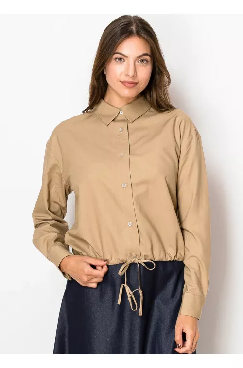 Classic Camel Linen Blouse with Tie Hem