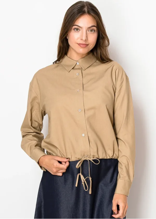Classic Camel Linen Blouse with Tie Hem