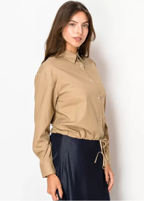 Classic Camel Linen Blouse with Tie Hem