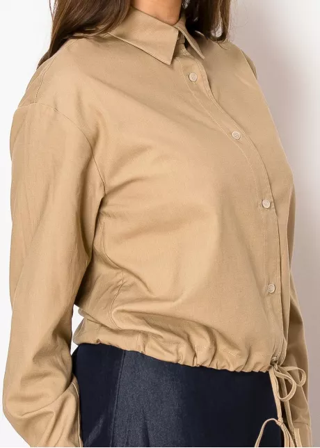 Classic Camel Linen Blouse with Tie Hem