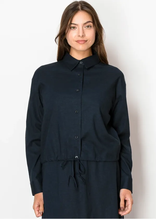 Navy Linen Drawstring Blouse
