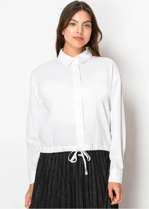 Classic White Drawstring Linen Blouse