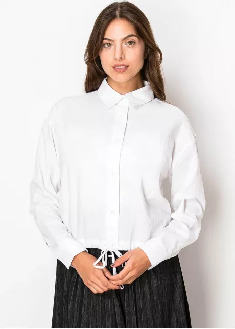 Classic White Drawstring Linen Blouse