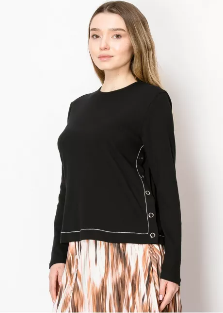Soft Black Tee with Side Button Details