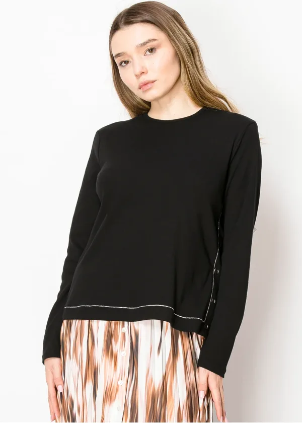 Soft Black Tee with Side Button Details