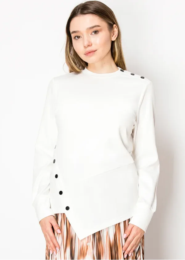 Asymmetric Button White Long Sleeve Top