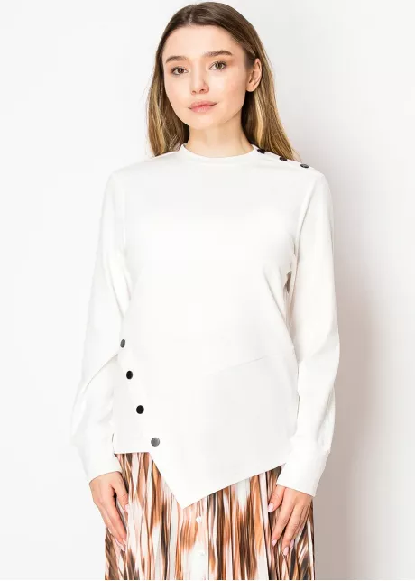 Asymmetric Button White Long Sleeve Top