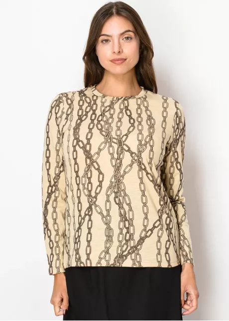 Beige Chain-Print Long Sleeve Tee
