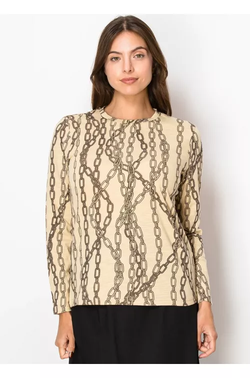 Beige Chain-Print Long Sleeve Tee