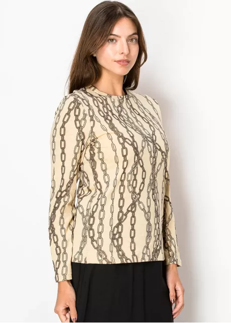 Beige Chain-Print Long Sleeve Tee