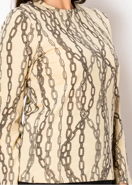 Beige Chain-Print Long Sleeve Tee