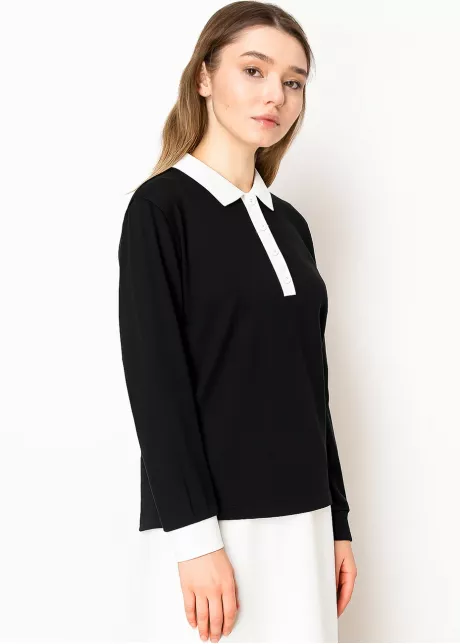 White & Black Contrast Polo Top