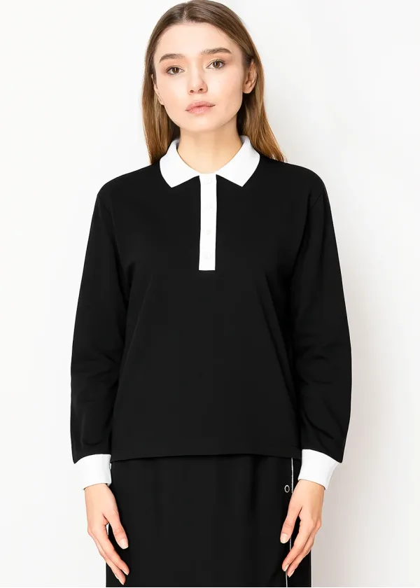 White & Black Contrast Polo Top