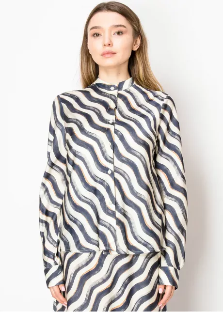 Navy Ripple Wave Stand Collar Shirt
