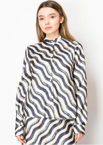 Navy Ripple Wave Stand Collar Shirt