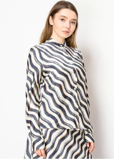 Navy Ripple Wave Stand Collar Shirt